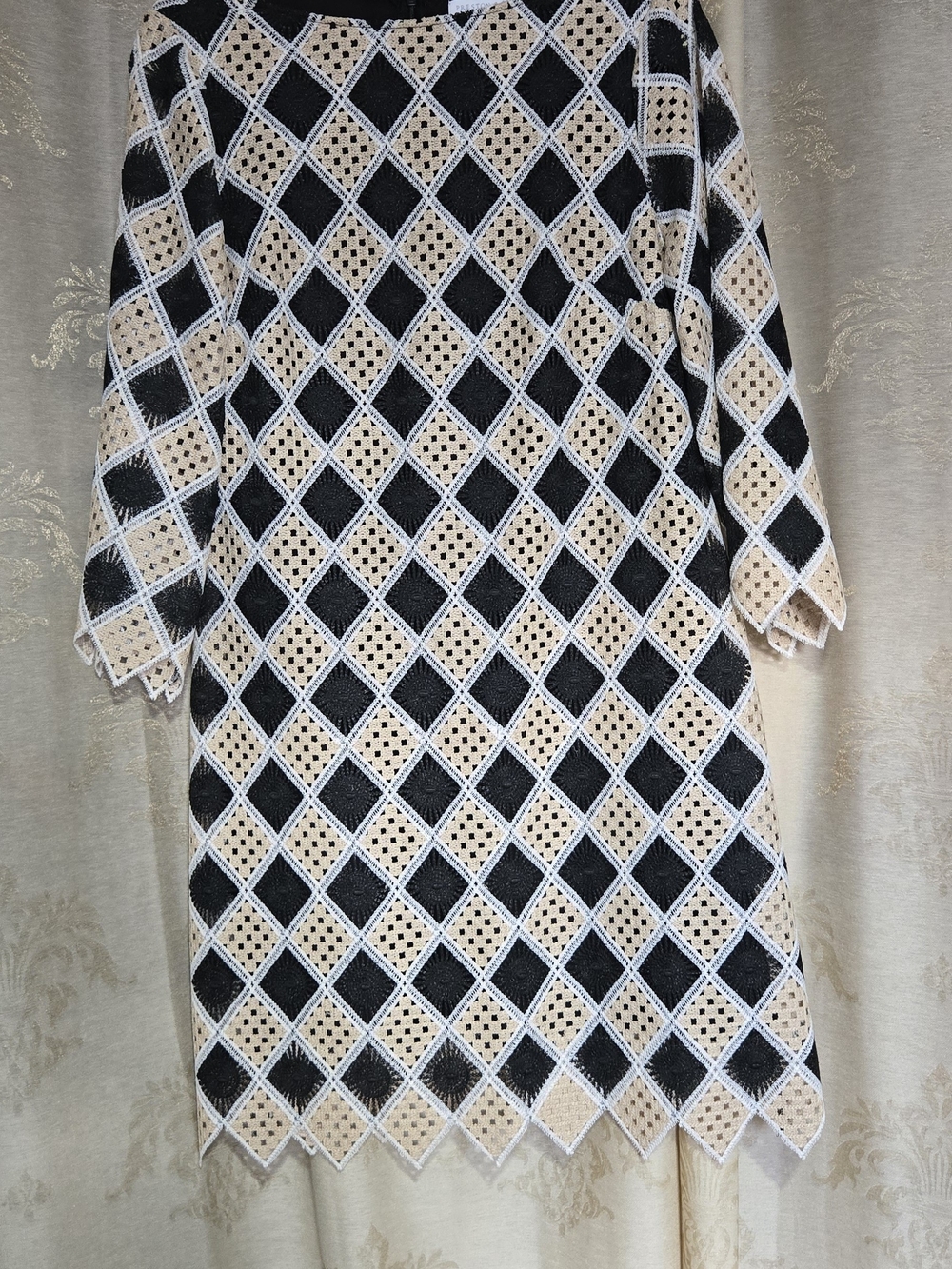 Preston & York Black and Beige Diamond Crochet Long Sleeve Dress